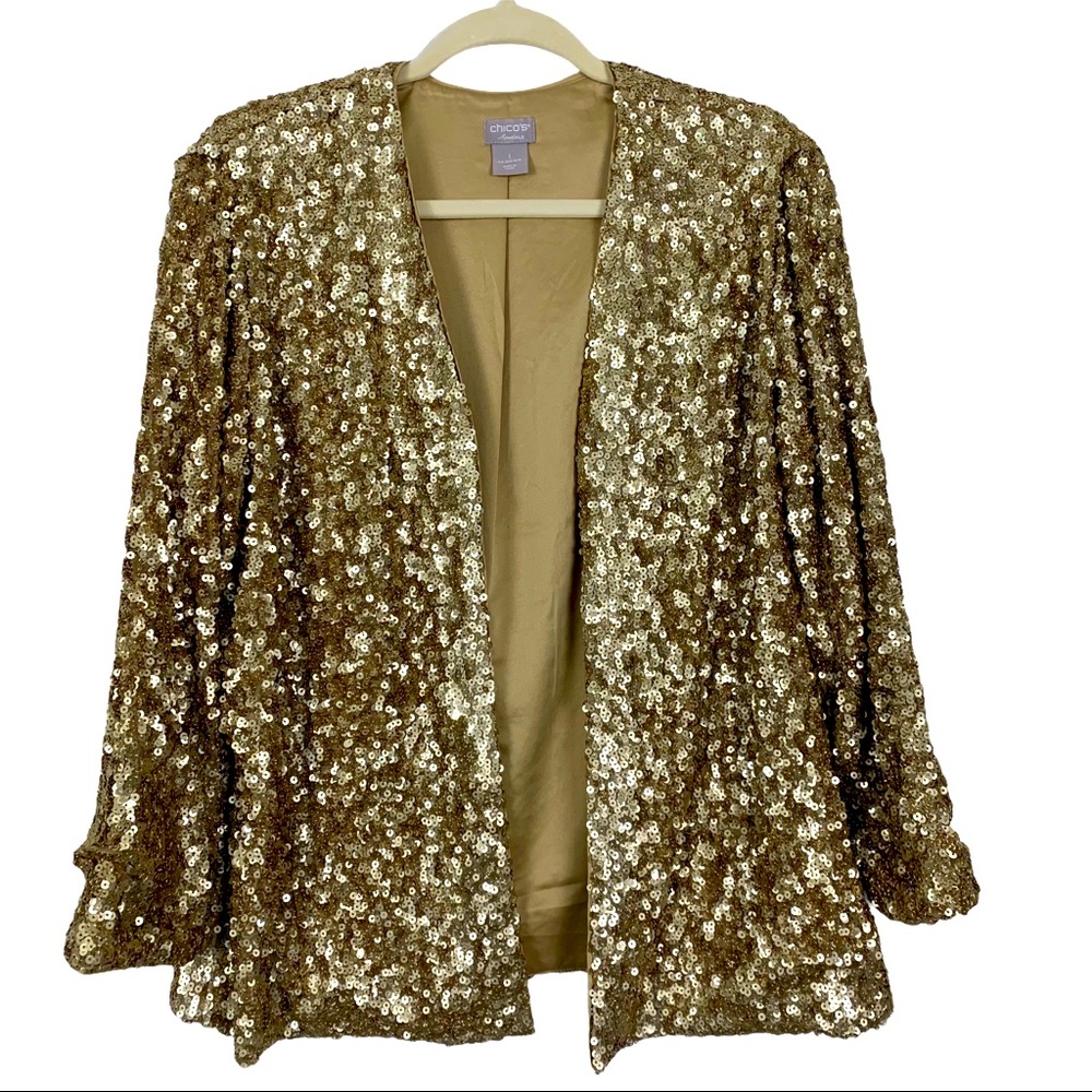 NEW Chico's Gold Sequin Cocktail Party Open Front Jacket Metallic Size Medium